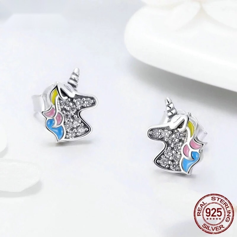 .925 Sterling Silver CZ Unicorn Earrings - Picture 2 of 4